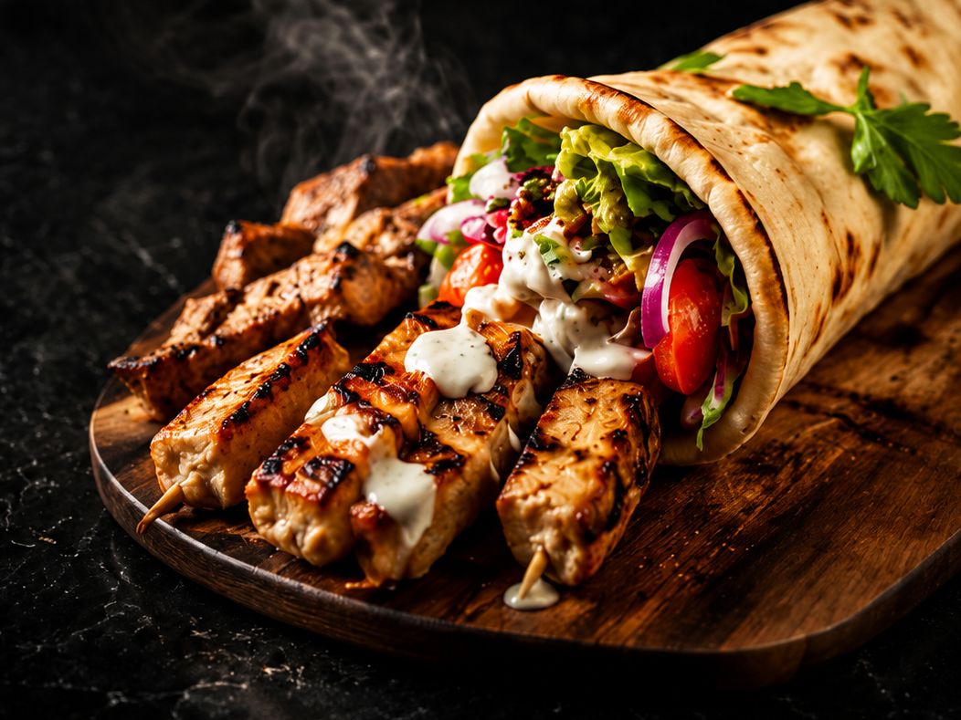 Char-grilled chicken souvlaki skewers and a loaded kebab wrap on a wooden board